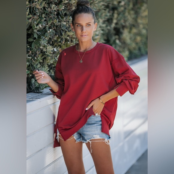 Anthropologie Tops - Burgundy red boho bohemian oversized side slit pullover sweatshirt M/L
